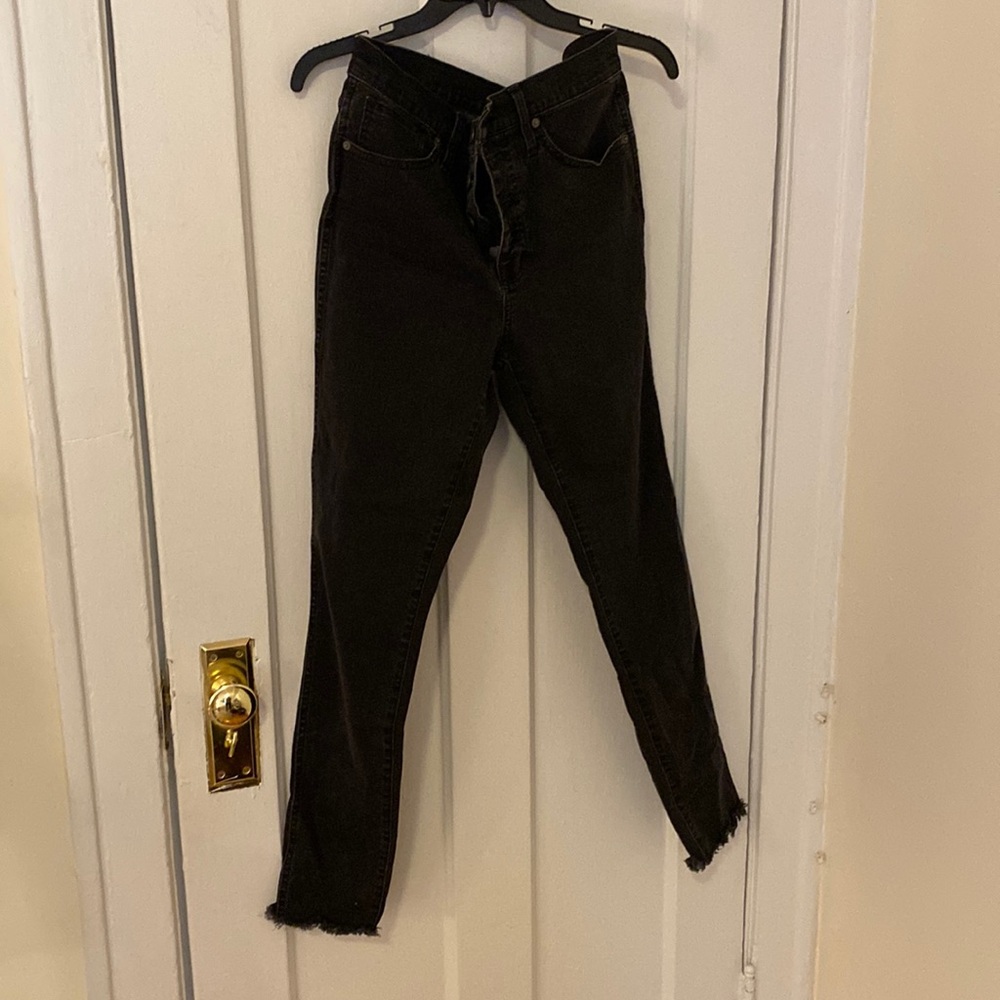 Madewell jeans, black, frayed hem, 10” high rise, tall length, button front